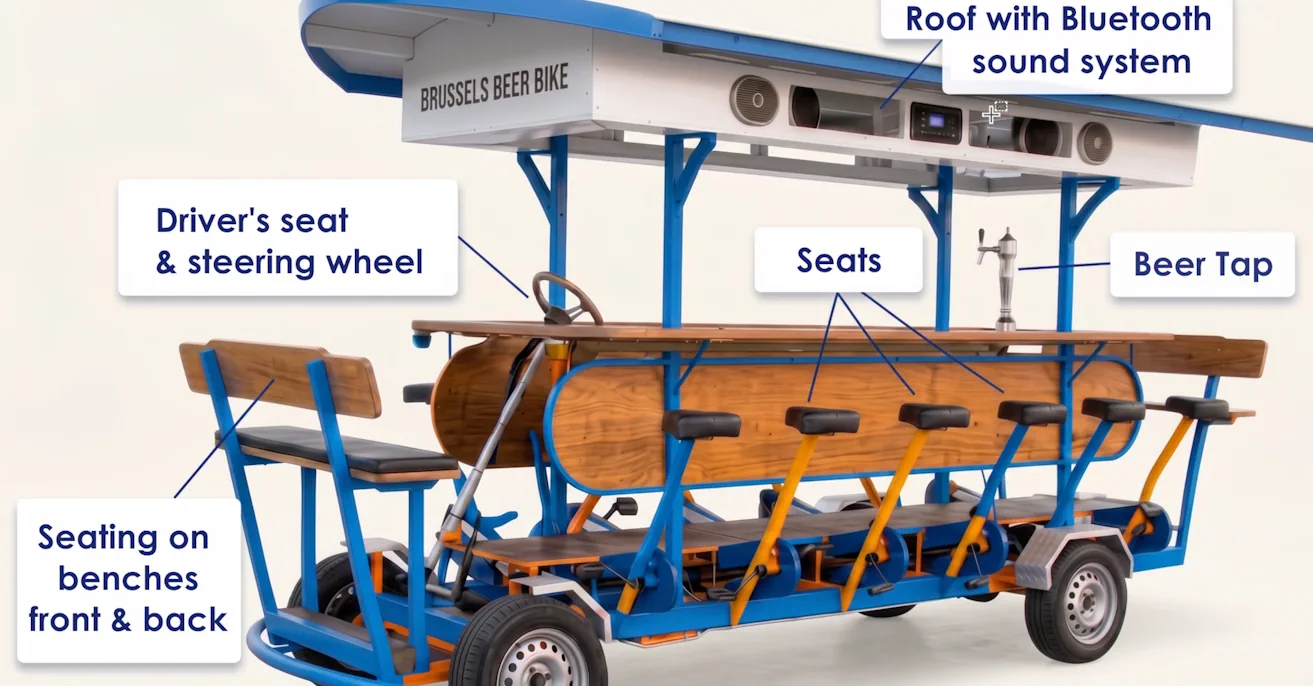 Brussels Beer Bike with labeled features: roof with Bluetooth sound system, beer tap, seats, driver's seat and benches